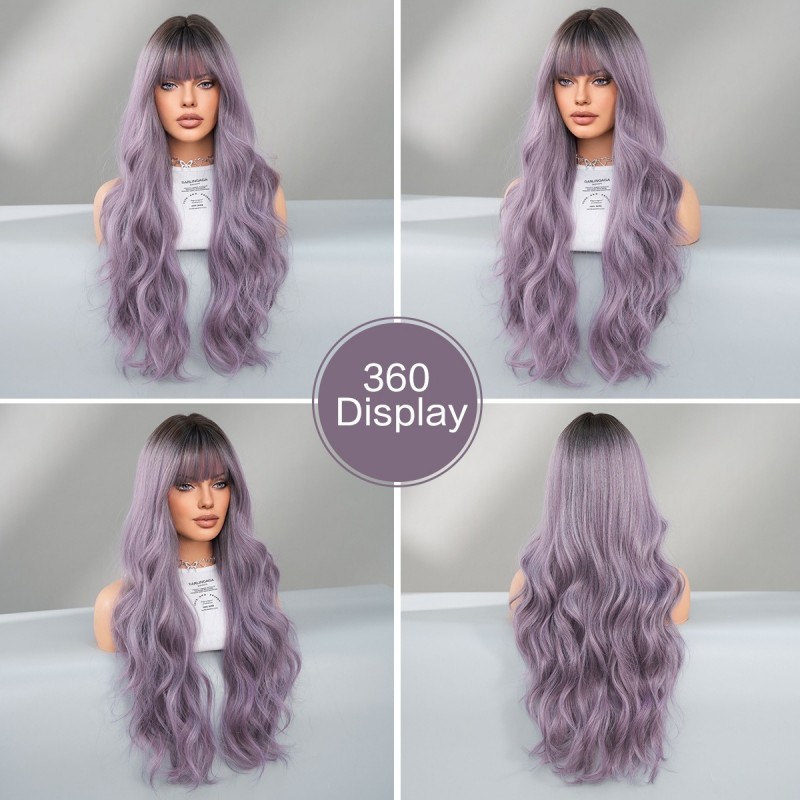 Ash Purple Long Wavy Wig with Root Color Synthetic Hair