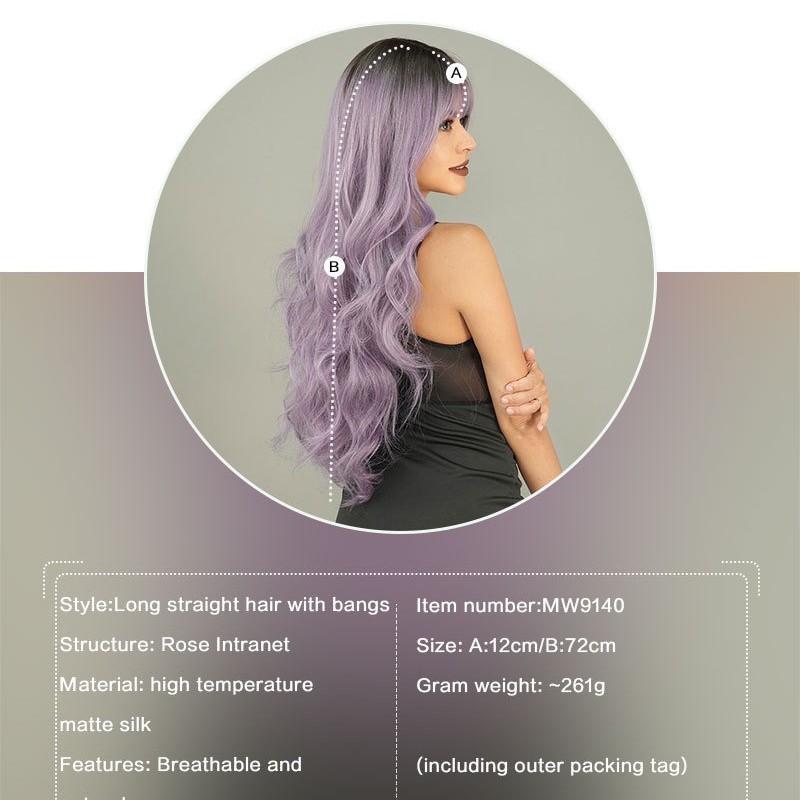 Ash Purple Long Wavy Wig with Root Color Synthetic Hair