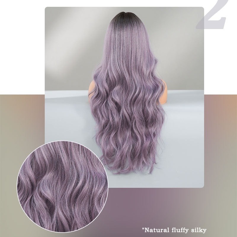 Ash Purple Long Wavy Wig with Root Color Synthetic Hair