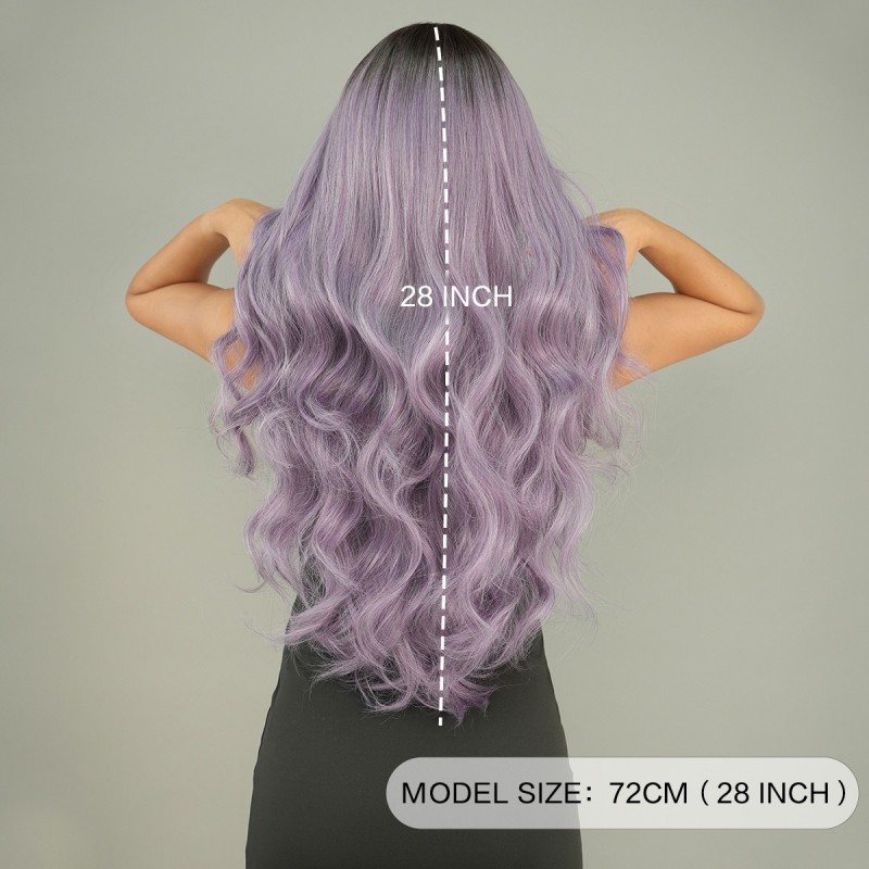 Ash Purple Long Wavy Wig with Root Color Synthetic Hair