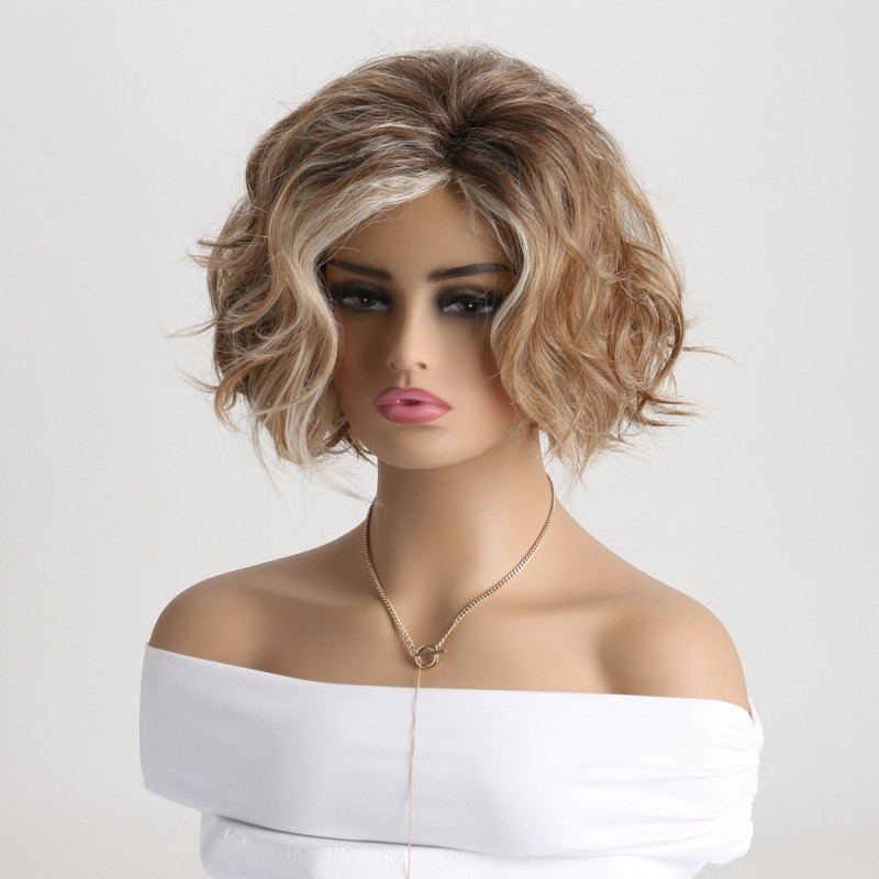 Brown Asymmetrical Bangs Fluffy Short Curl Wig