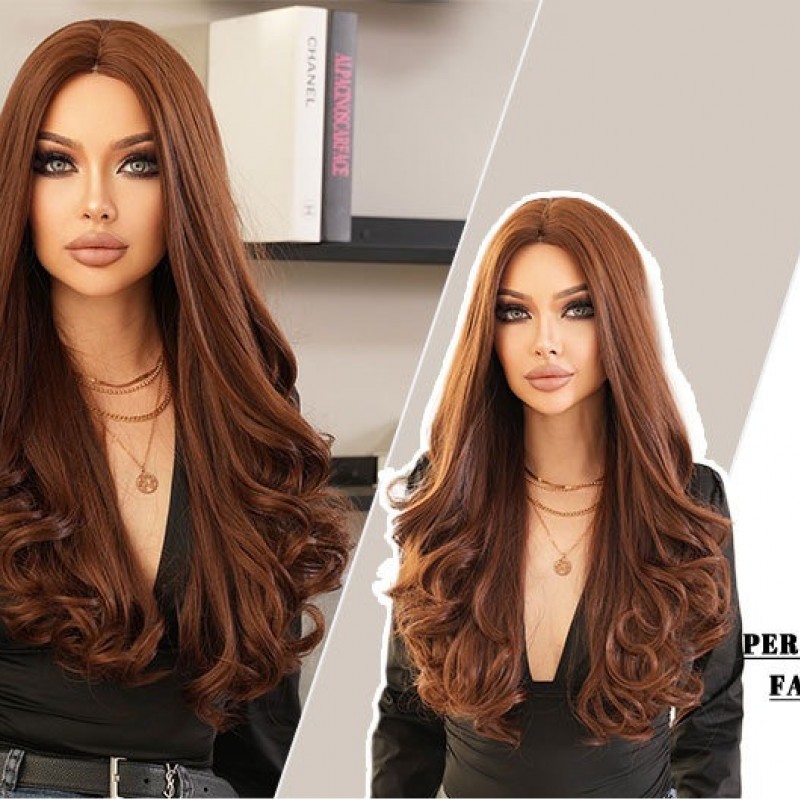 Brown Long Wavy Wig with Center Part