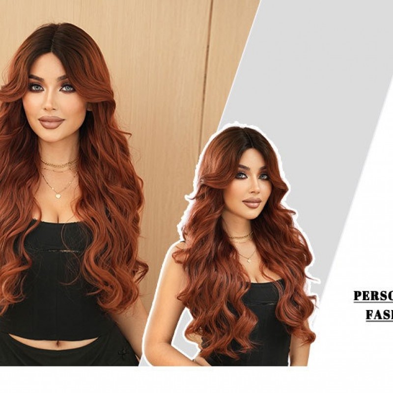 Caramel Brown Long Wavy Wig with Middle Part and Small T-Lace Hair