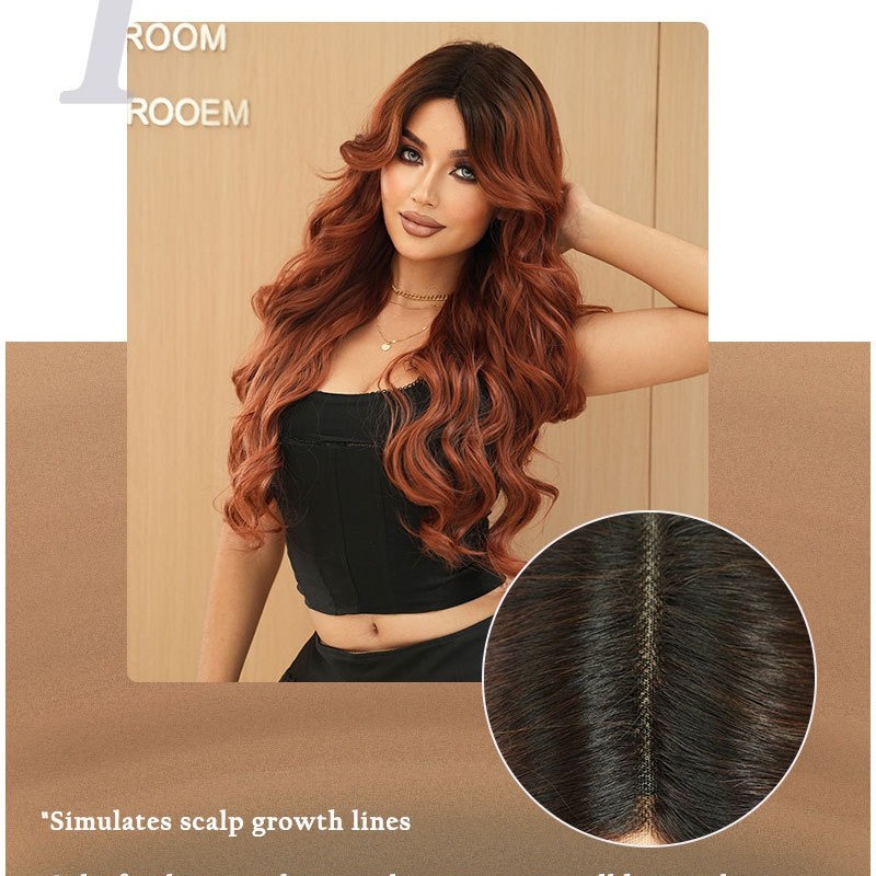 Caramel Brown Long Wavy Wig with Middle Part and Small T-Lace Hair