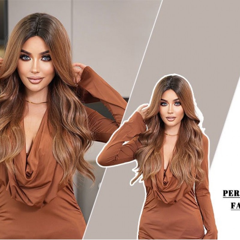 Center-Part Brown Gradient Long Wavy Synthetic Wig