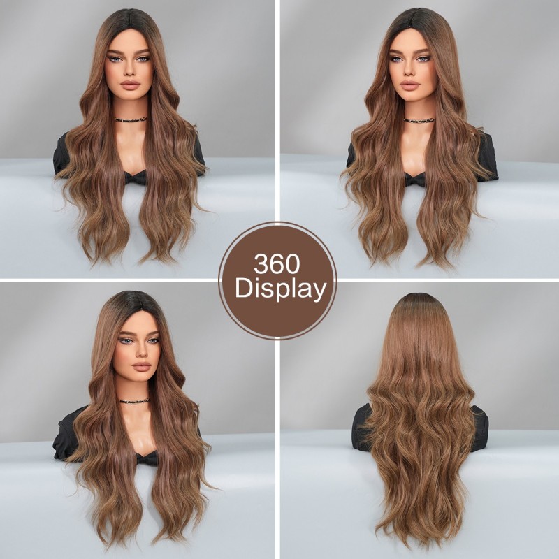 Center-Part Brown Gradient Long Wavy Synthetic Wig