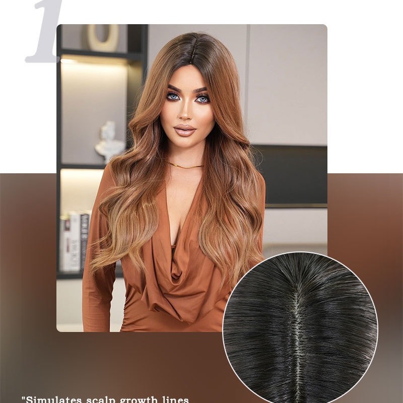 Center-Part Brown Gradient Long Wavy Synthetic Wig