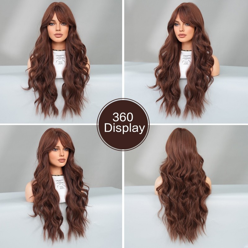 Coco Brown Long Wavy Wig with Side Bangs