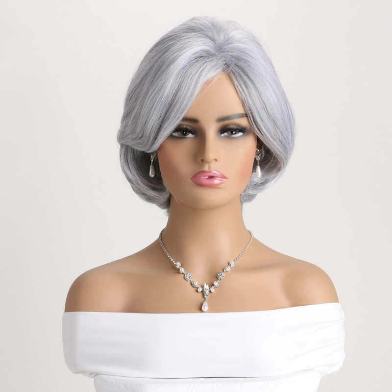 Cool Silver Off-center Part Short Curly Wig