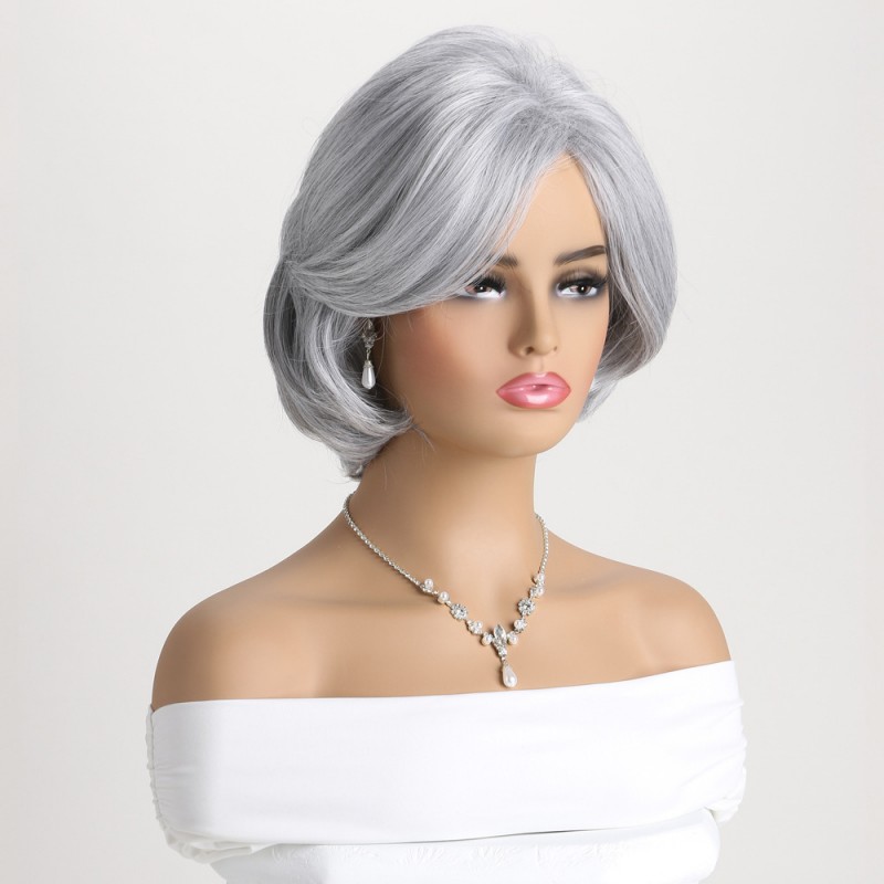 Cool Silver Off-center Part Short Curly Wig