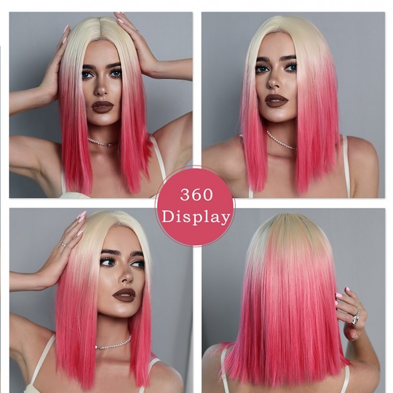 Dreamy Pink Gradient Short Straight Bob Wig with Lace Cap