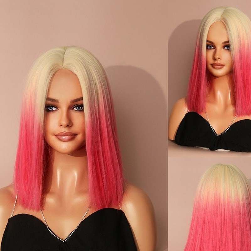 Dreamy Pink Gradient Short Straight Bob Wig with Lace Cap