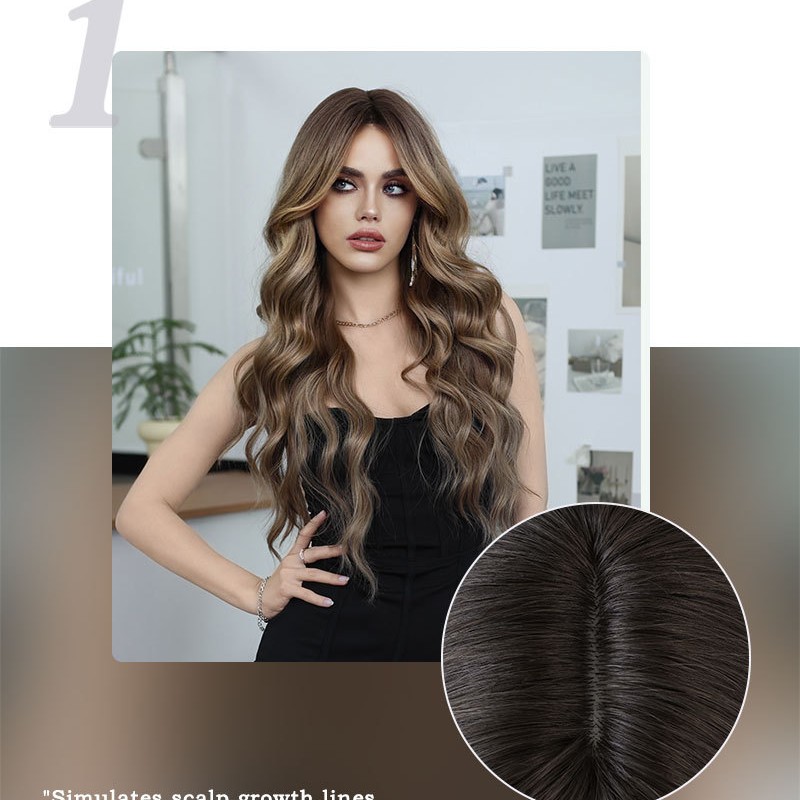 Elegant Brown Wig with Fringe Bangs and Voluminous Waves