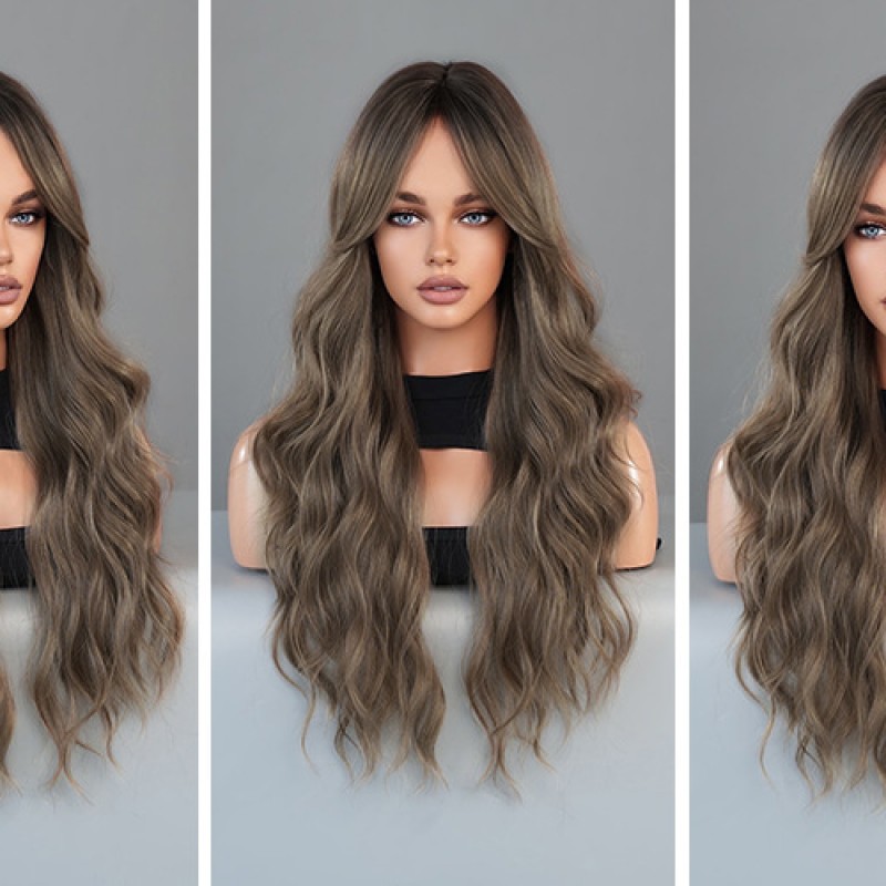 Elegant Brown Wig with Fringe Bangs and Voluminous Waves