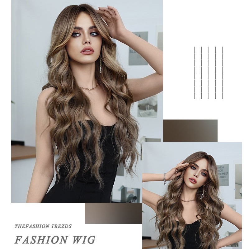 Elegant Brown Wig with Fringe Bangs and Voluminous Waves