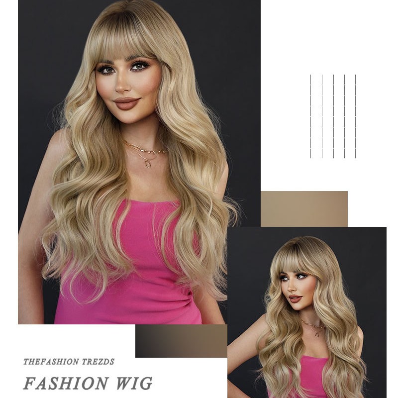 Elegant Milk Tea Blonde Big Waves with Bangs Wig