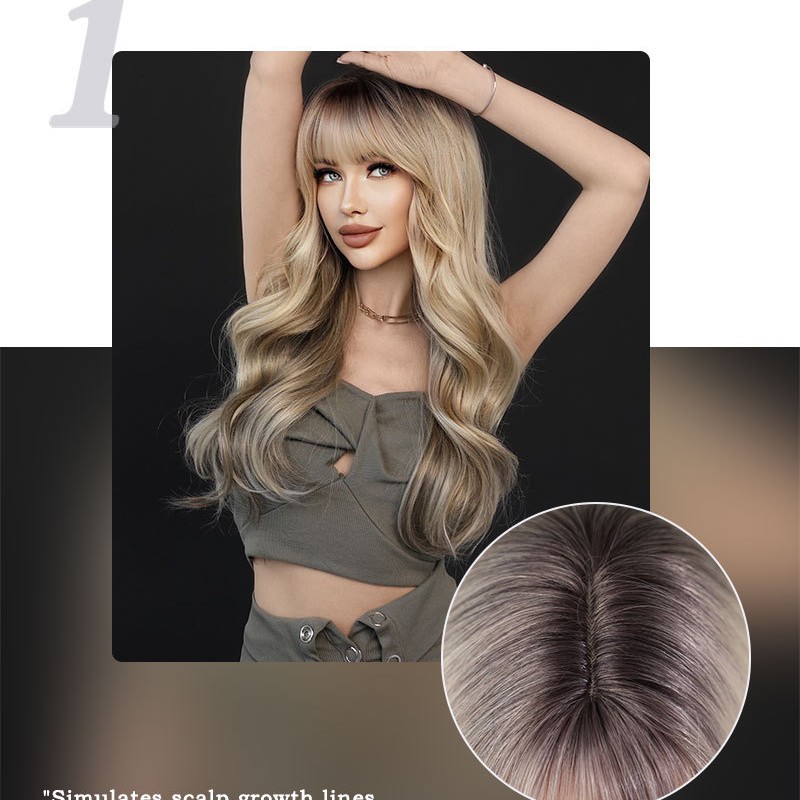 Gradient Ash Blonde Loose Wave Long Curl Wig with Bangs