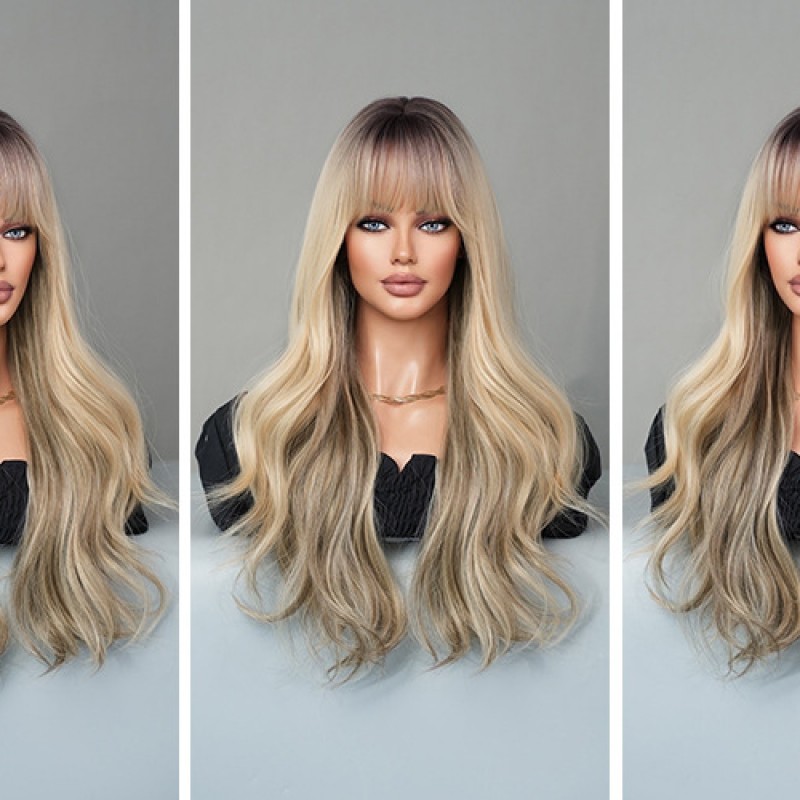 Gradient Ash Blonde Loose Wave Long Curl Wig with Bangs