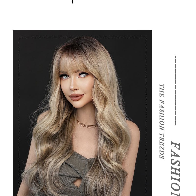 Gradient Ash Blonde Loose Wave Long Curl Wig with Bangs