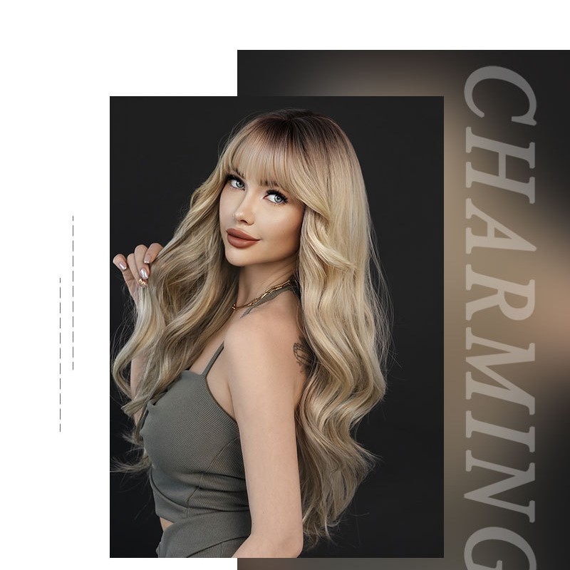 Gradient Ash Blonde Loose Wave Long Curl Wig with Bangs