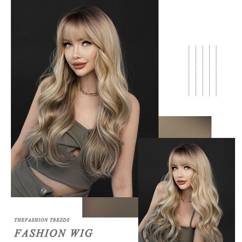 Gradient Ash Blonde Loose Wave Long Curl Wig with Bangs