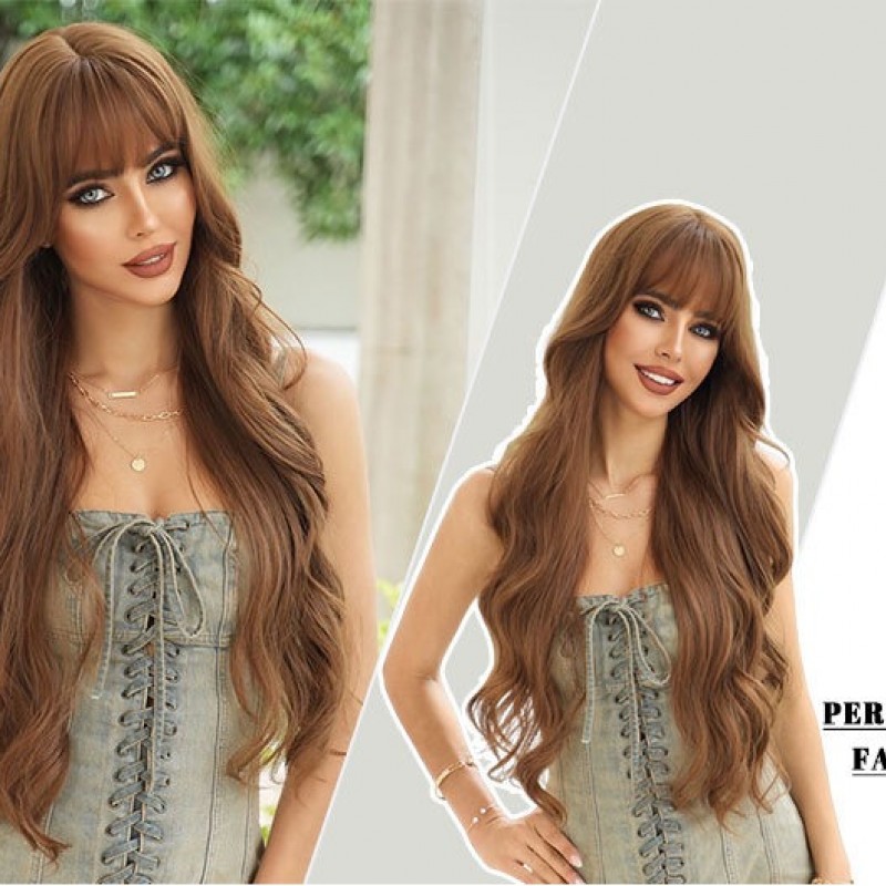 Honey Oolong Brown Super Long Wavy Curls with Straight Bangs Wig