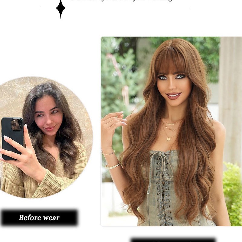 Honey Oolong Brown Super Long Wavy Curls with Straight Bangs Wig