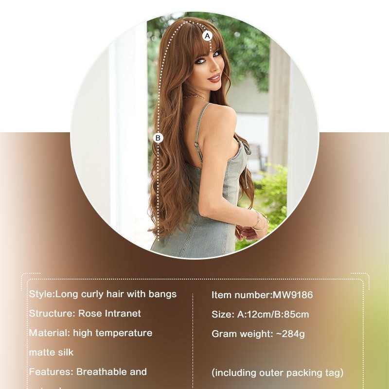 Honey Oolong Brown Super Long Wavy Curls with Straight Bangs Wig