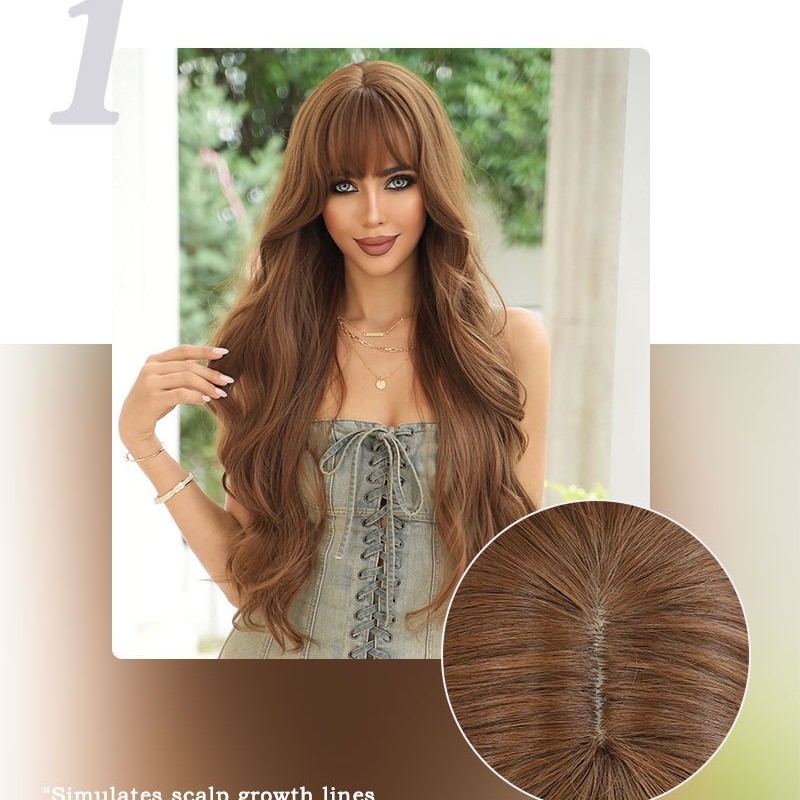 Honey Oolong Brown Super Long Wavy Curls with Straight Bangs Wig