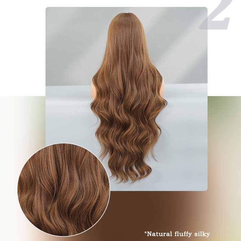 Honey Oolong Brown Super Long Wavy Curls with Straight Bangs Wig