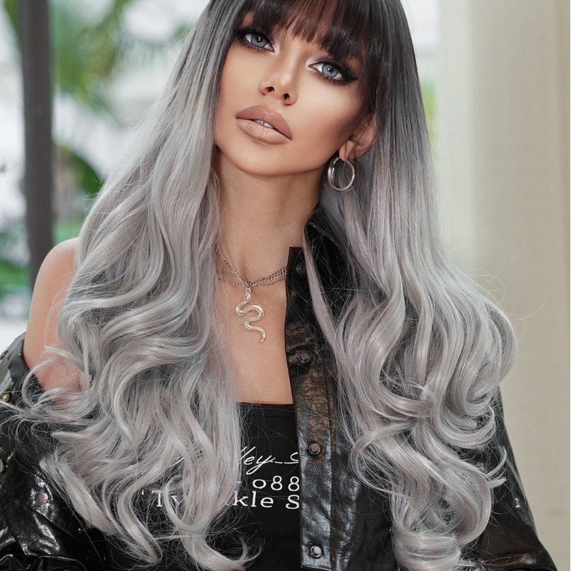 Gradient Silver Grey Long Big Wavy Wig