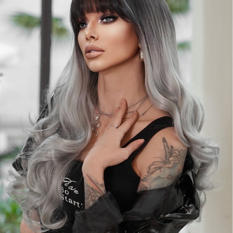 Gradient Silver Grey Long Big Wavy Wig