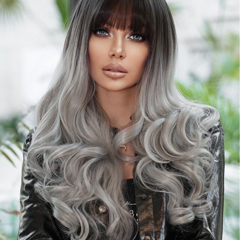 Gradient Silver Grey Long Big Wavy Wig