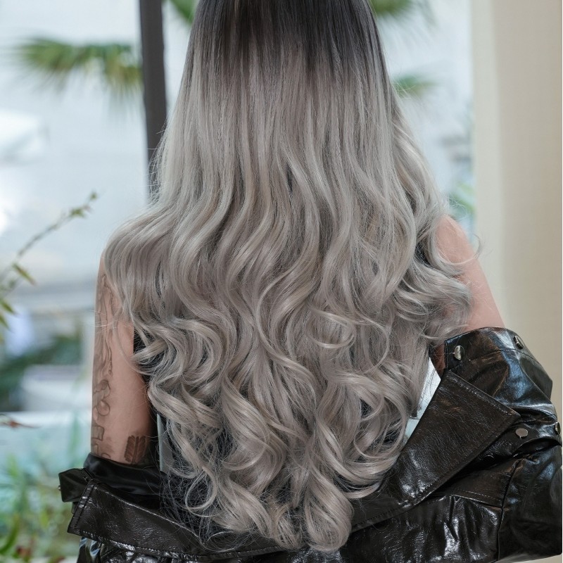 Gradient Silver Grey Long Big Wavy Wig