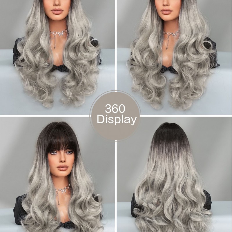 Gradient Silver Grey Long Big Wavy Wig