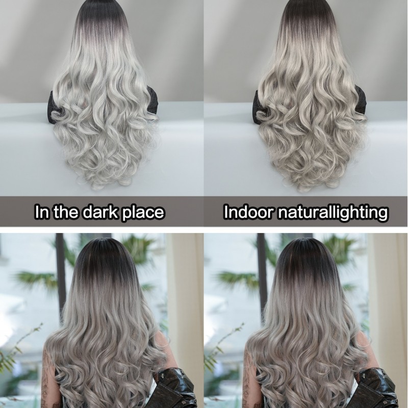 Gradient Silver Grey Long Big Wavy Wig