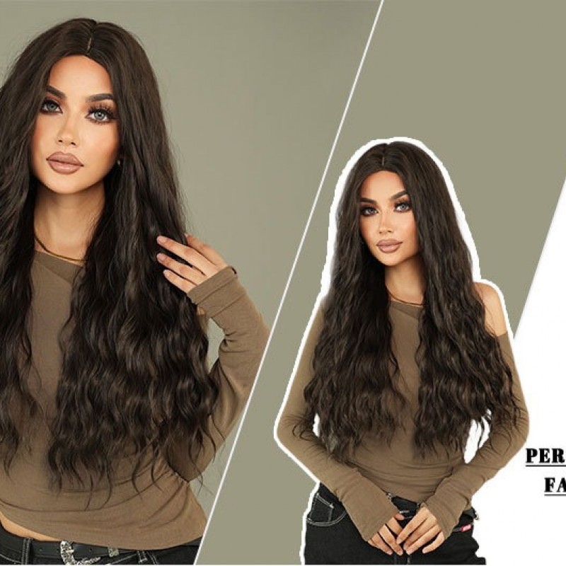 Long Black Wavy Wig with Center Part Synthetic Wig