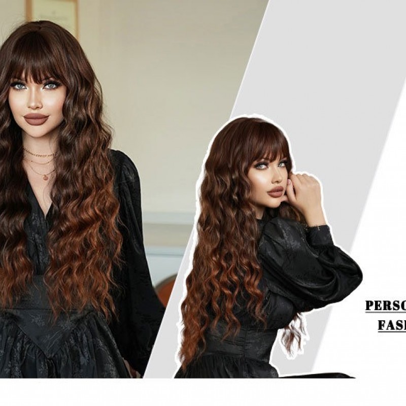 Long Dark Brown Water Wave Wig With Bang