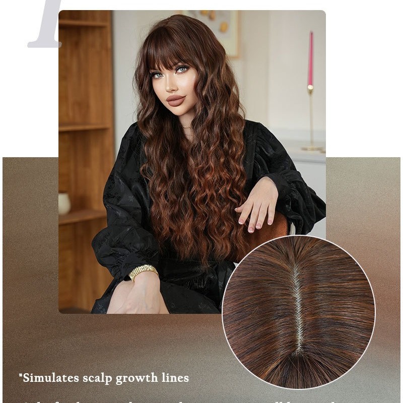 Long Dark Brown Water Wave Wig With Bang