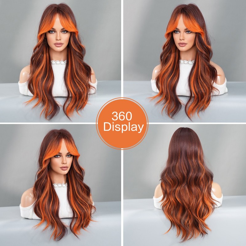 Long Curly Wig with Curtain Bangs and Flame Orange Highlights Synthetic Wig