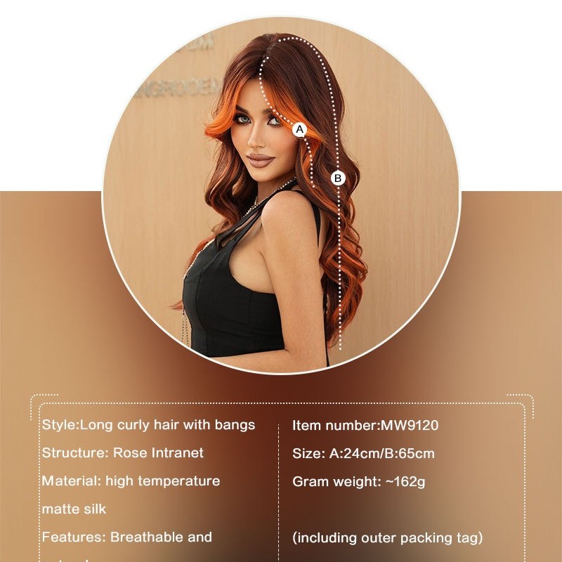 Long Curly Wig with Curtain Bangs and Flame Orange Highlights Synthetic Wig