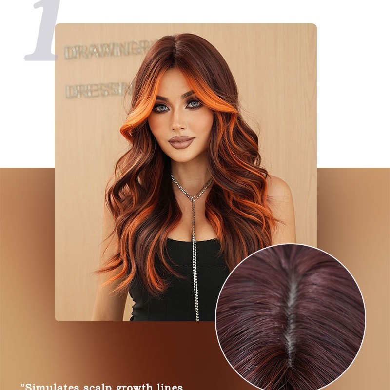 Long Curly Wig with Curtain Bangs and Flame Orange Highlights Synthetic Wig