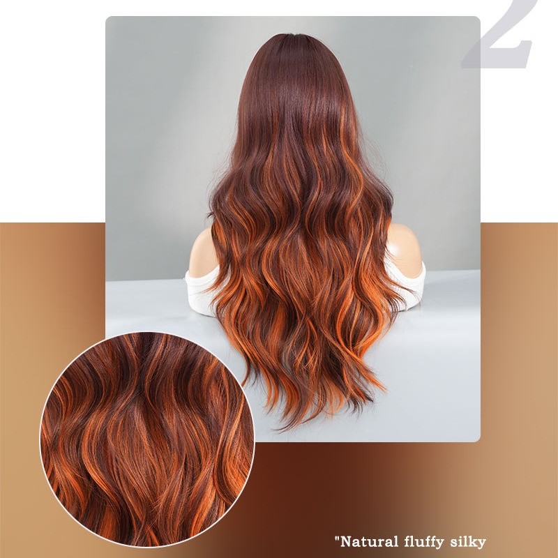 Long Curly Wig with Curtain Bangs and Flame Orange Highlights Synthetic Wig