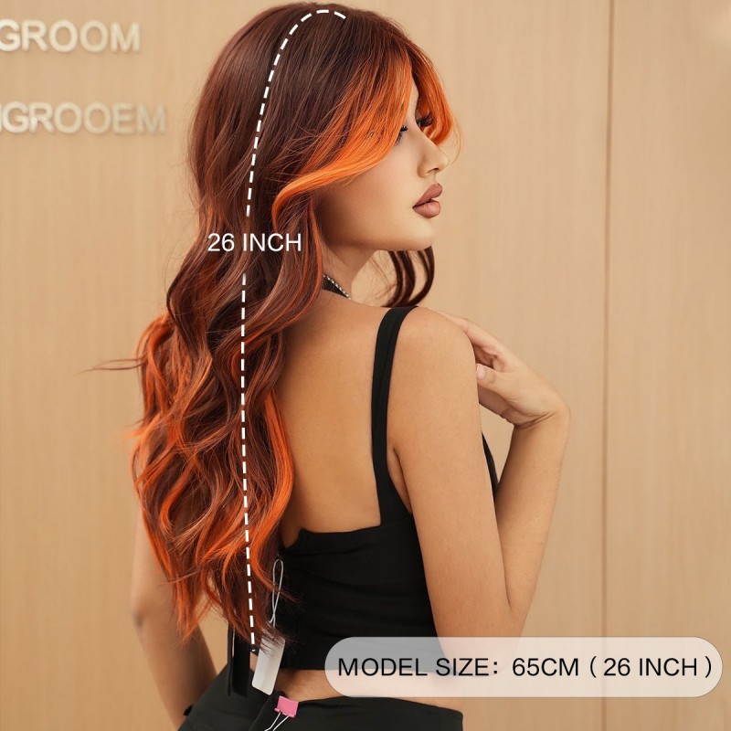 Long Curly Wig with Curtain Bangs and Flame Orange Highlights Synthetic Wig