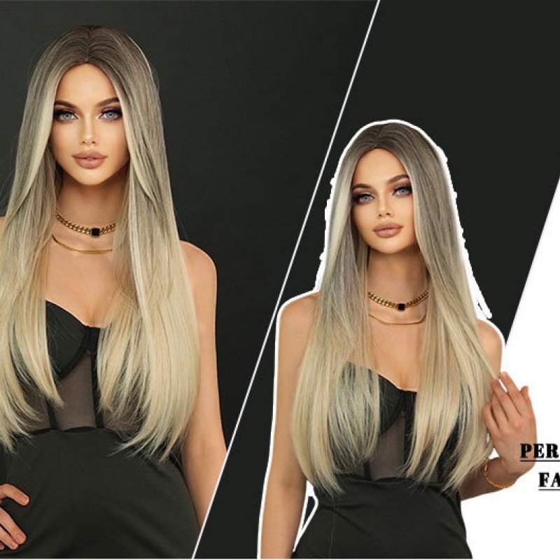 Long Straight Haired Middle Part Gray Gold Ombre Wig