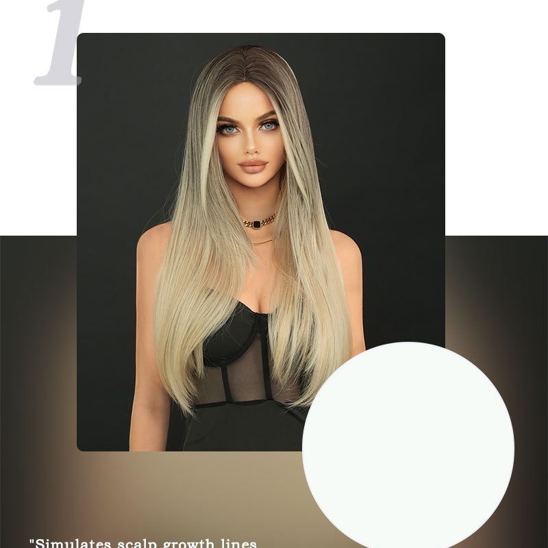 Long Straight Haired Middle Part Gray Gold Ombre Wig