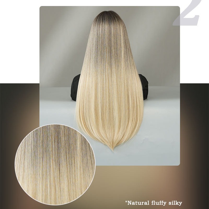 Long Straight Haired Middle Part Gray Gold Ombre Wig