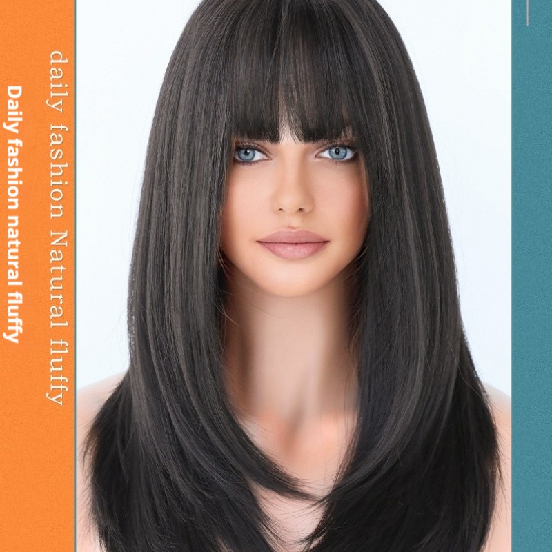 Long Straight Wig with Inner Curl and Airy Bangs