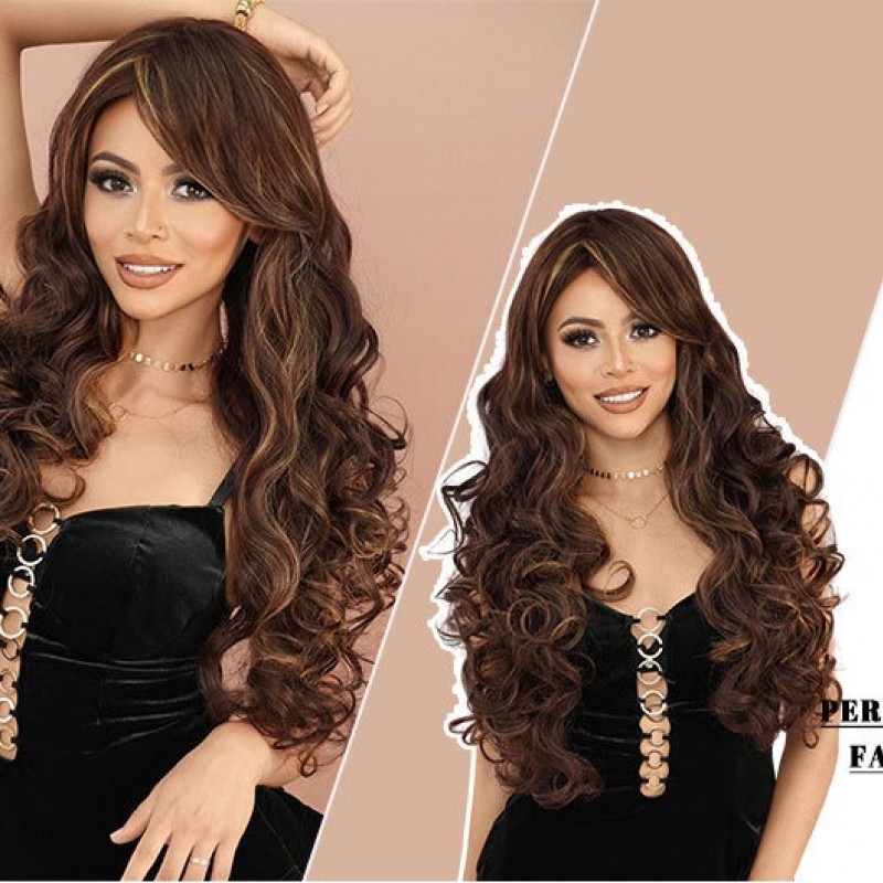 Long Wavy Hair with Reddish-Brown and Gold Balayage Angled Bangs Wig