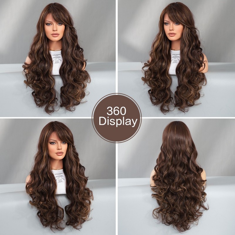 Long Wavy Hair with Reddish-Brown and Gold Balayage Angled Bangs Wig